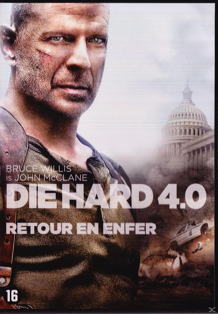 Die Hard 4.0 filmcover. Bruce Willis, close-up. Kapiteelgebouw op de achtergrond.