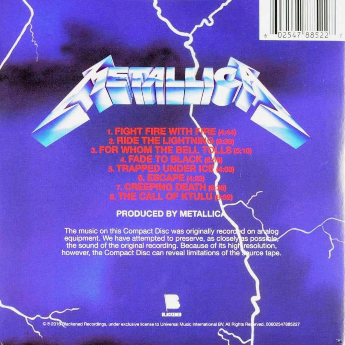 Metallica CD-Rückseite. Tracks mit Blitzdesign und Bandnamen oben aufgelistet.
