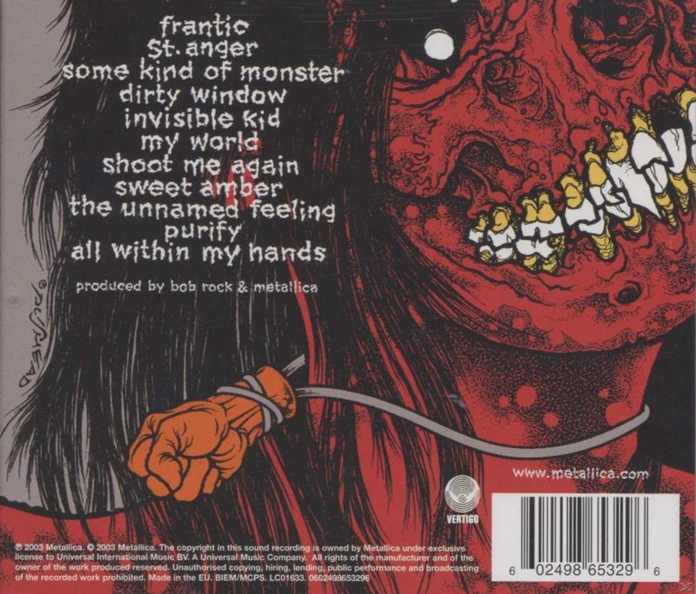 Die Rückseite eines Metallica-Albumcovers mit einem roten Monster und Songtiteln.