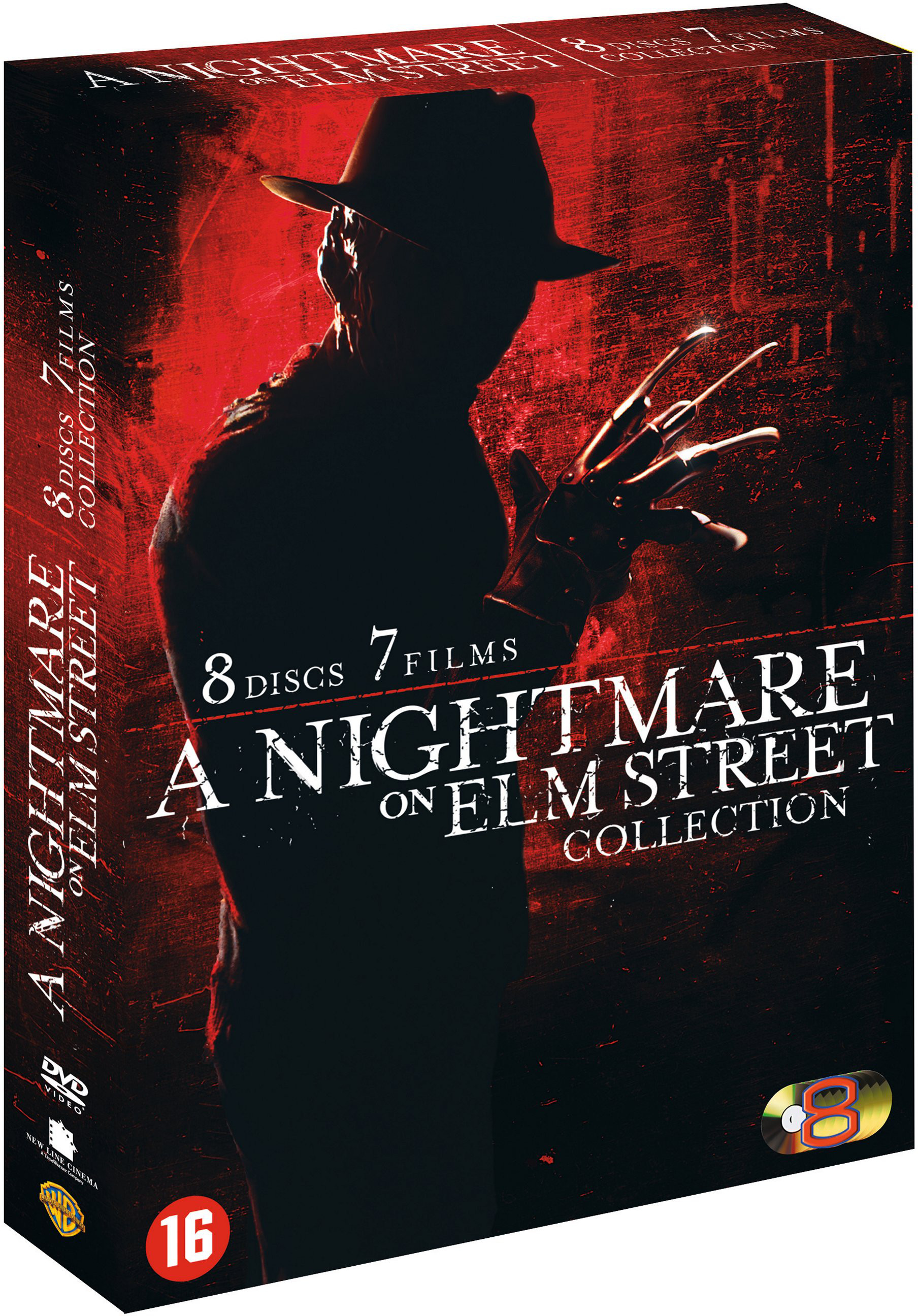 A Nightmare on Elm Street collection DVD box set with Freddy Krueger's silhouette.