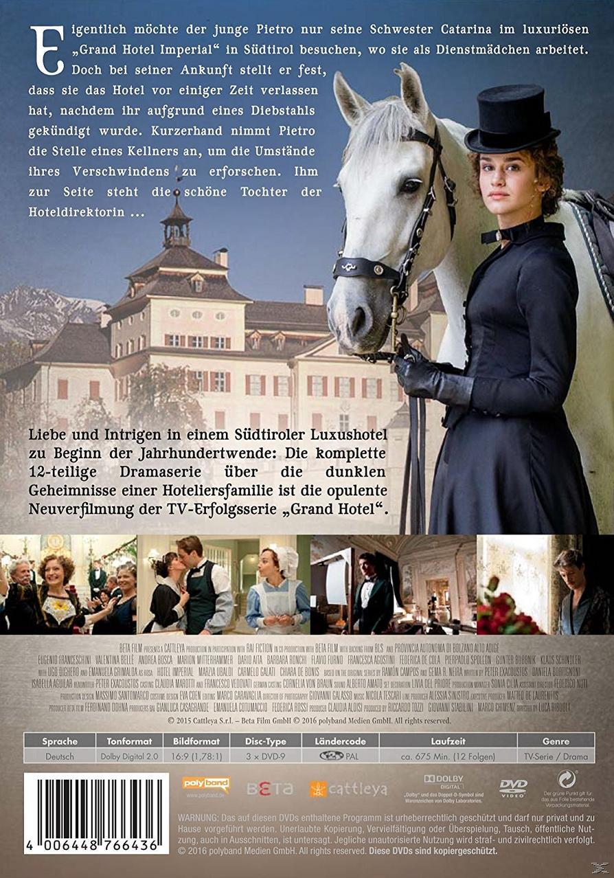 DVD-Cover für "Grand Hotel Imperial". Zeigt eine Frau mit einem weißen Pferd und Text.