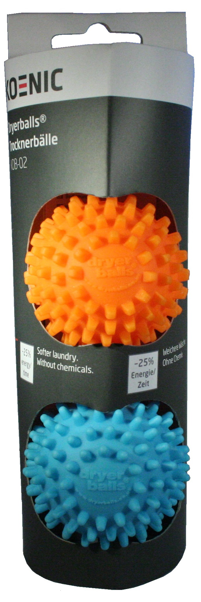 A package of dryer balls, orange and blue, with text on a white background.