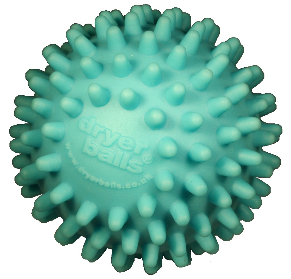 A blue dryer ball, spiky texture, on a white background.
