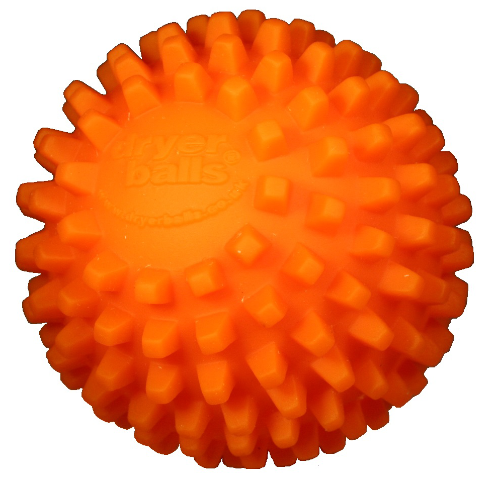 An orange dryer ball, spiky texture, on a white background.