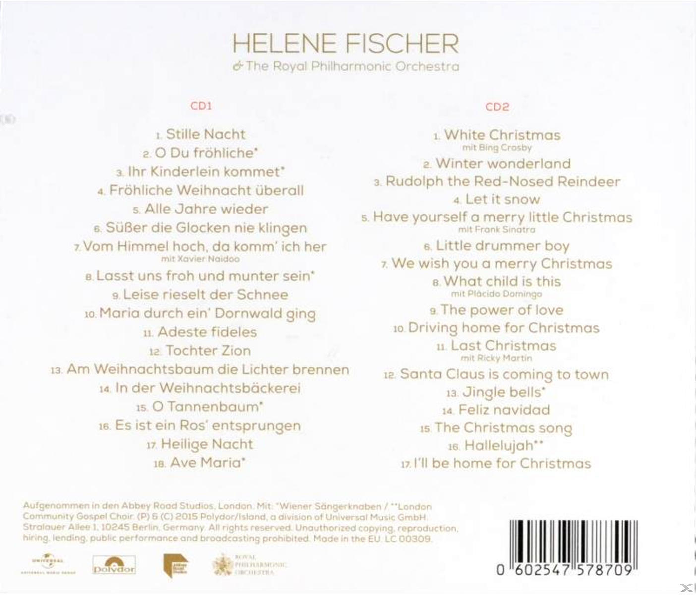 CD-Rückseite mit Titelliste und Text, einschließlich eines Weihnachtsthemas.