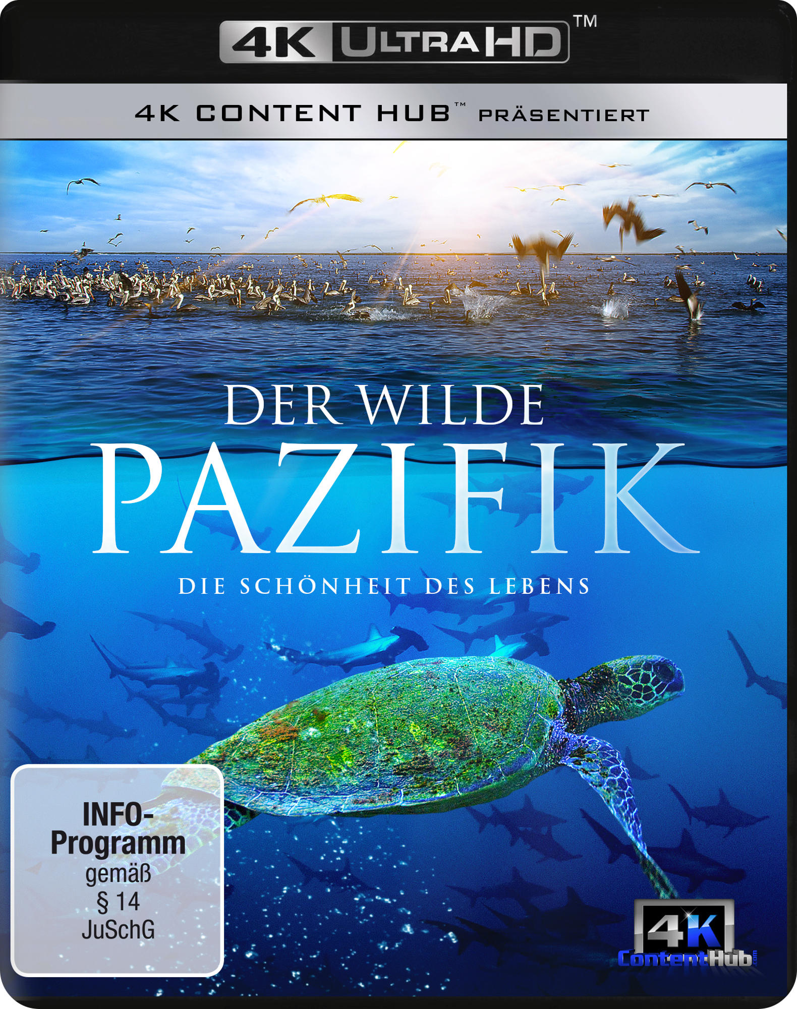 DVD-Cover zeigt Unterwasserszene mit Schildkröte, Haien und Vögeln, die über dem Wasser fliegen.