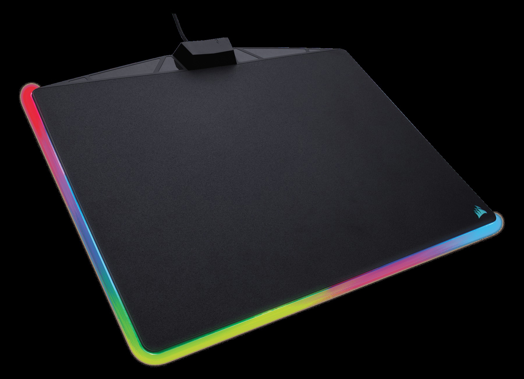 Schwarzes Gaming-Mauspad mit schwarzer Oberfläche und farbiger LED-Kante. Corsair-Logo ist sichtbar.