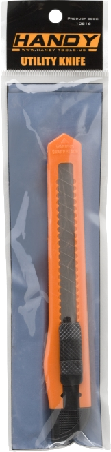 Csomag egy Handy Utility Knife-hoz, narancssárga fogantyú, fekete penge és műanyag csomagolás.