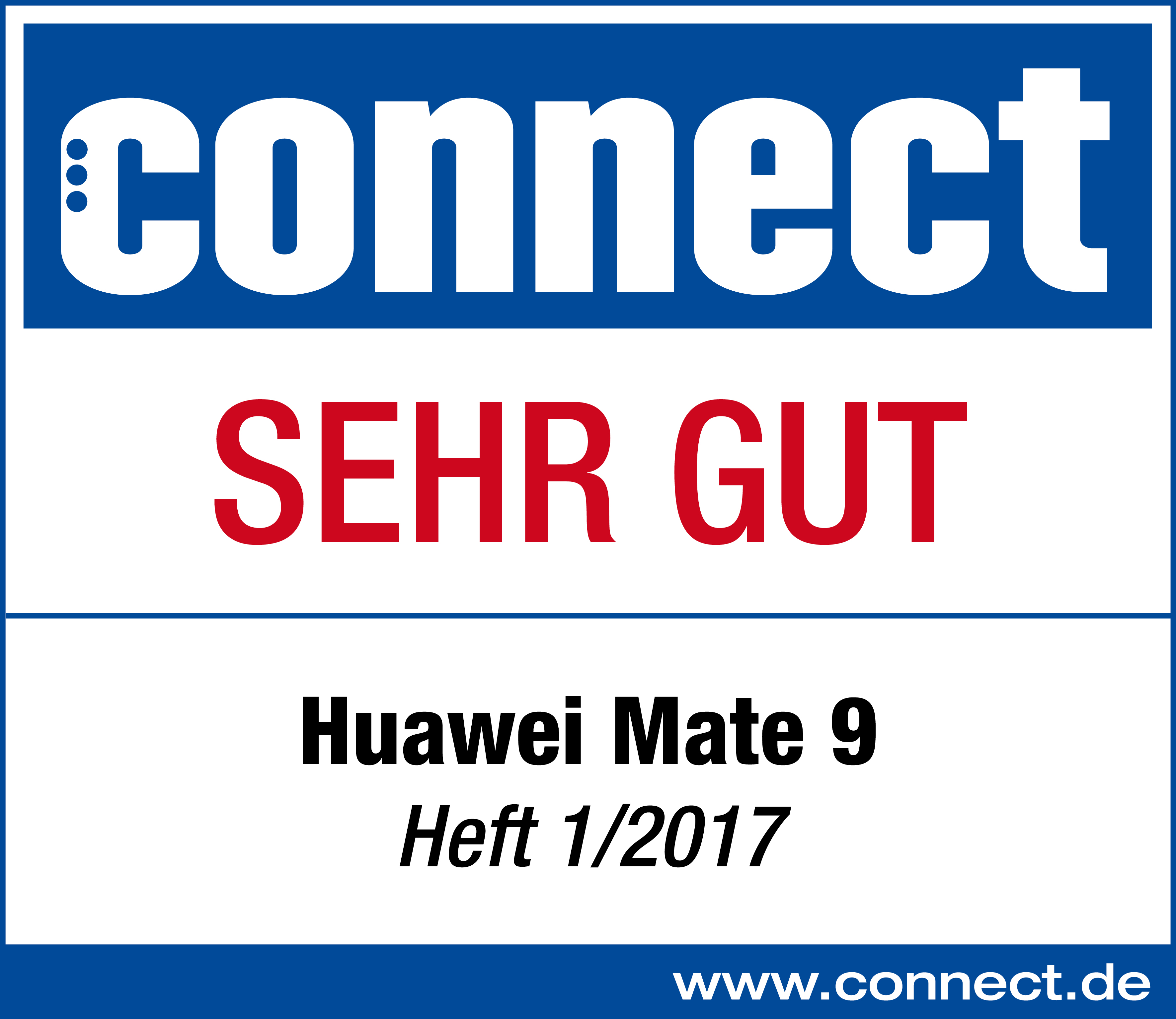Blaues und weißes 'connect'-Logo mit Text 'SEHR GUT' und Huawei Mate 9-Details, 'Heft 1/2017' unten.
