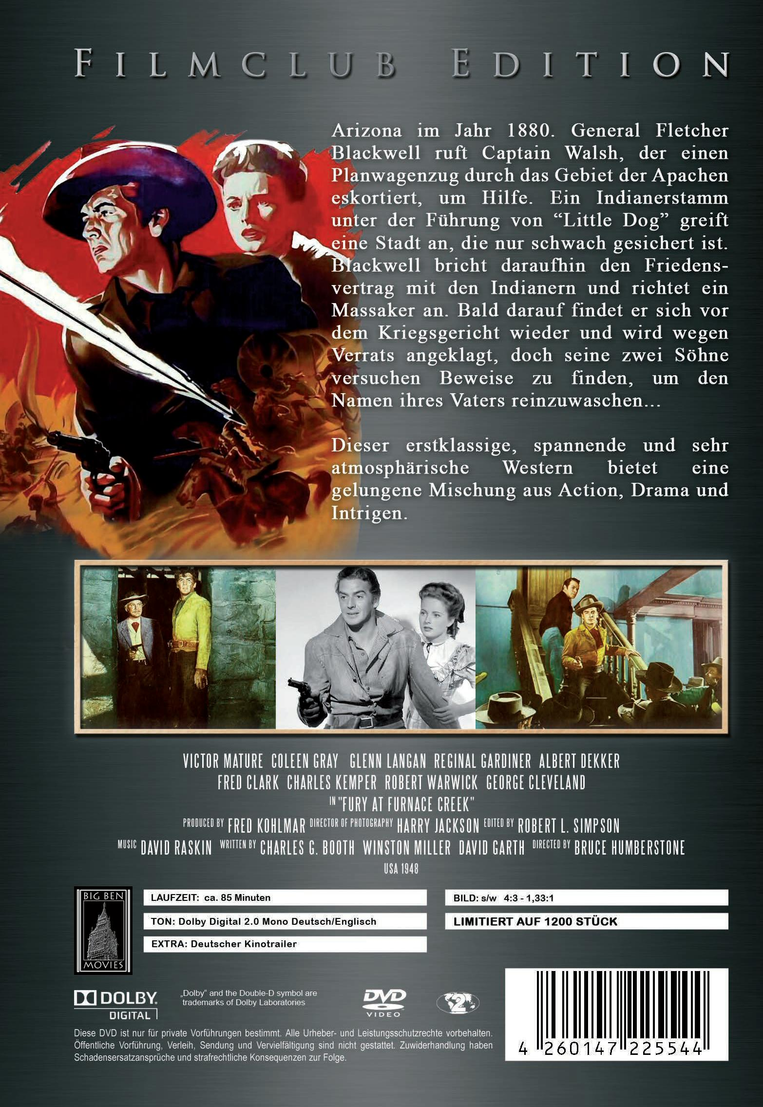 DVD-Cover für Fury at Furnace Creek, mit Schauspielern und Text in Schwarzweiß.