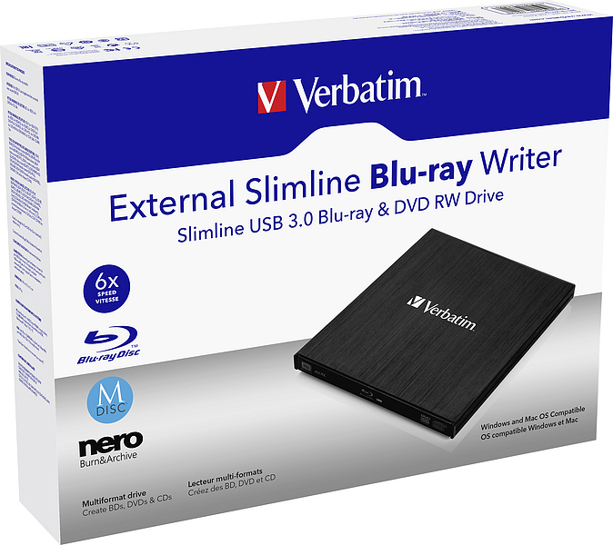 Verbatim externe Slimline Blu-ray Writer Box, Laufwerk gezeigt. Weiße und blaue Box.