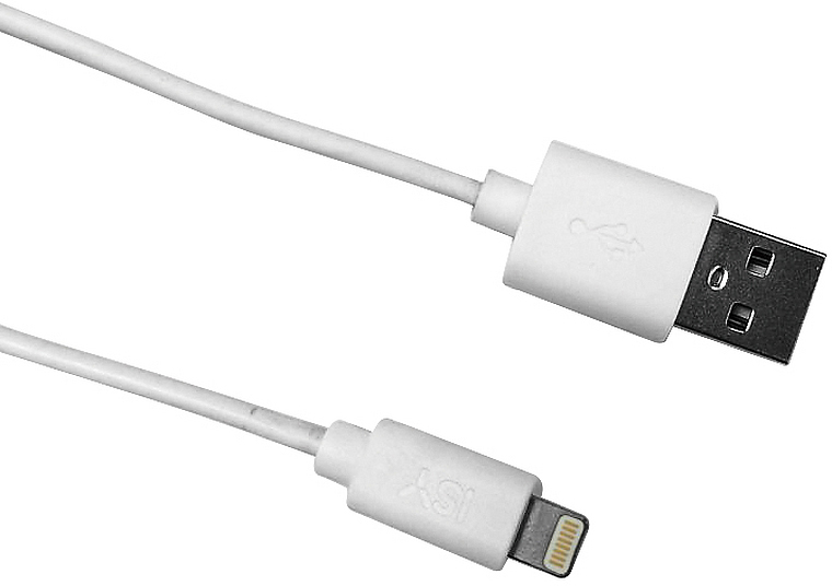 Ein weißes USB-auf-Lightning-Kabel. Ein Ende hat einen USB-Anschluss, das andere einen Lightning-Anschluss.