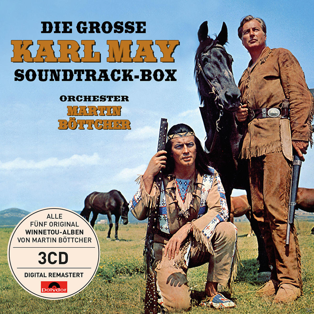 Albumcover mit Männern, einem Pferd und Text auf Deutsch: Karl May Soundtrack.