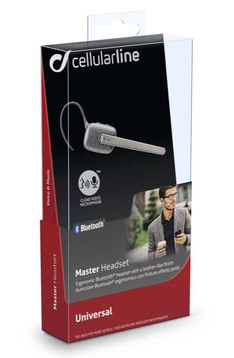 Eine Headset-Box. Die Box zeigt ein Bluetooth-Headset und einen Mann mit Brille.