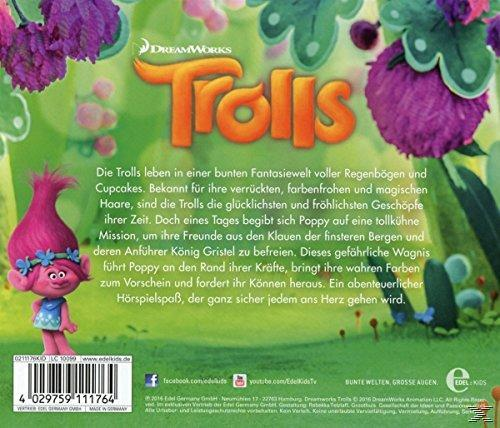 Rückseite eines Trolls-Buches mit farbenfroher Illustration, Text und Bild einer Poppy-Figur.