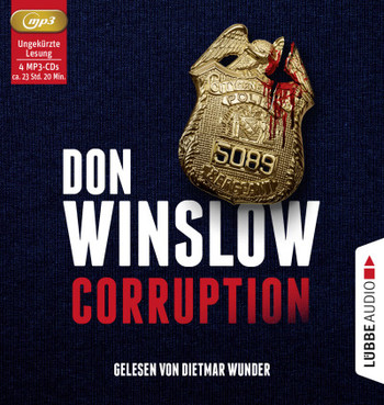 Buchcover: Abzeichen mit Blut und Text 'Corruption' von Don Winslow.