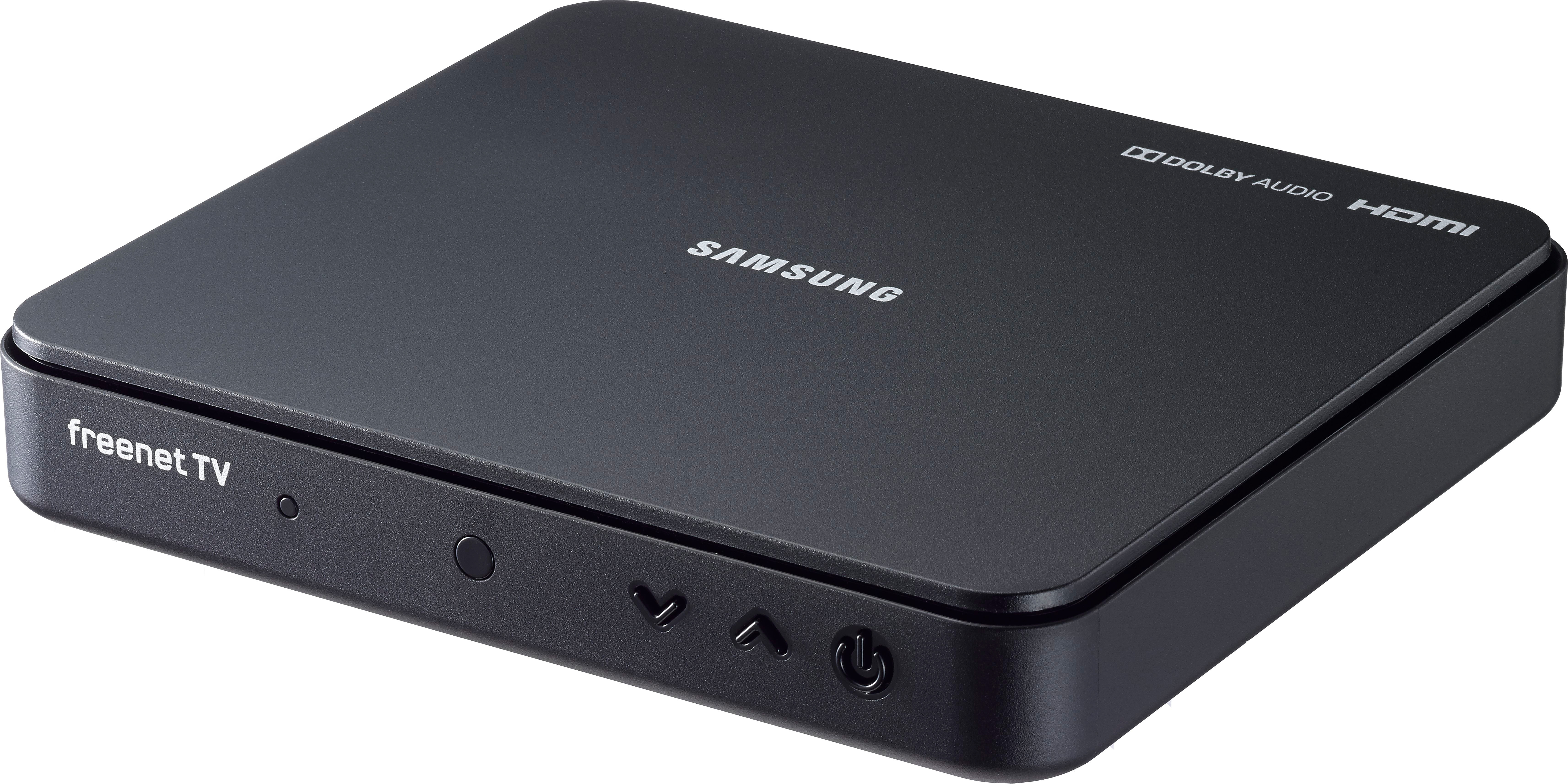 Schwarze Samsung Set-Top-Box. Merkmale: freenet TV-Logo, Ein-/Aus-Taste und HDMI- und Dolby Audio-Labels.