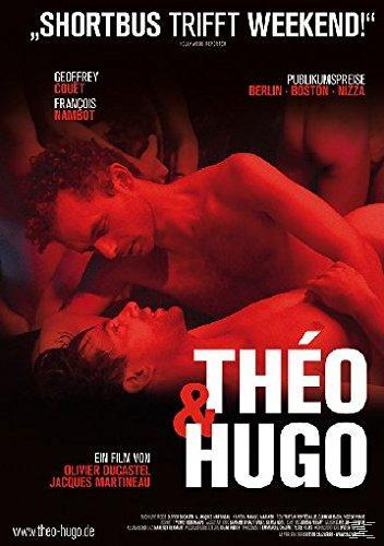 Filmposter von Theo & Hugo. Zwei Männer küssen sich, Rottöne. Titel: Theo & Hugo.