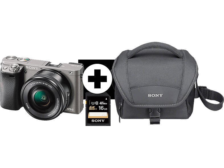 SONY Alpha 6000 KIT (ILCE-6000L) Systemkamera 7,6 mit Tasche 16-50 WLAN Speicherkarte Display, cm Objektiv mm, + 