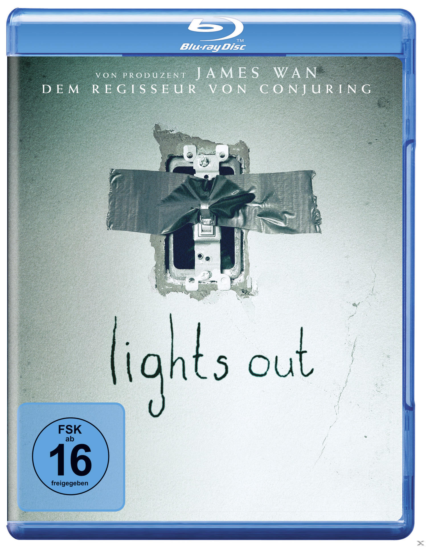 Blu-ray-Cover: Ein Lichtschalter, der an einer Wand abgeklebt wurde, mit 'lights out'.
