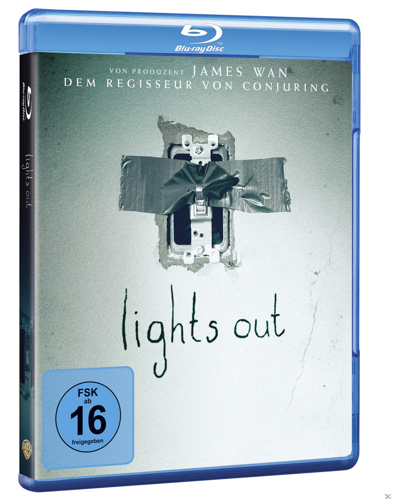 Blu-ray-Hülle von 'Lights Out'. Ein Lichtschalter ist mit Klebeband abgedeckt. Blaues Gehäuse und 16er Bewertung.