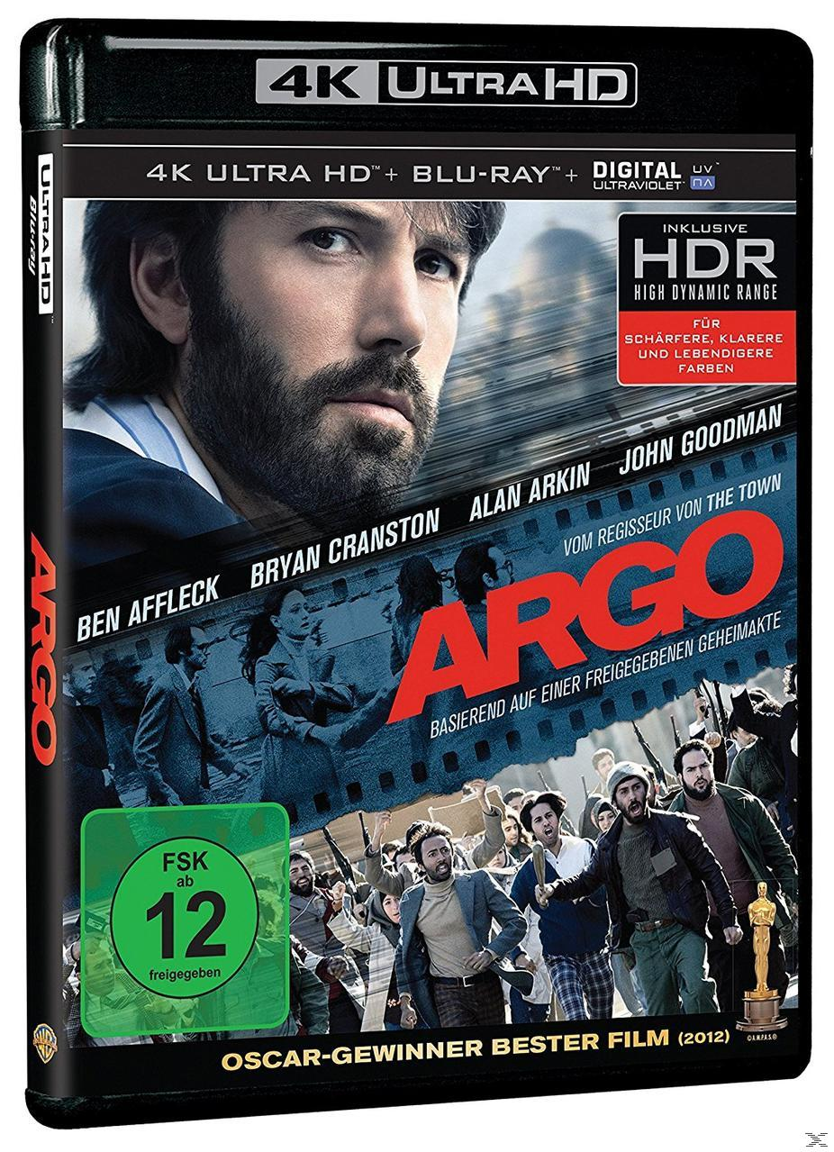 Filmcover mit Ben Affleck. Titel: Argo. Schauspieler: Bryan Cranston, Alan Arkin, John Goodman. Enthält das 4K Ultra HD Logo.