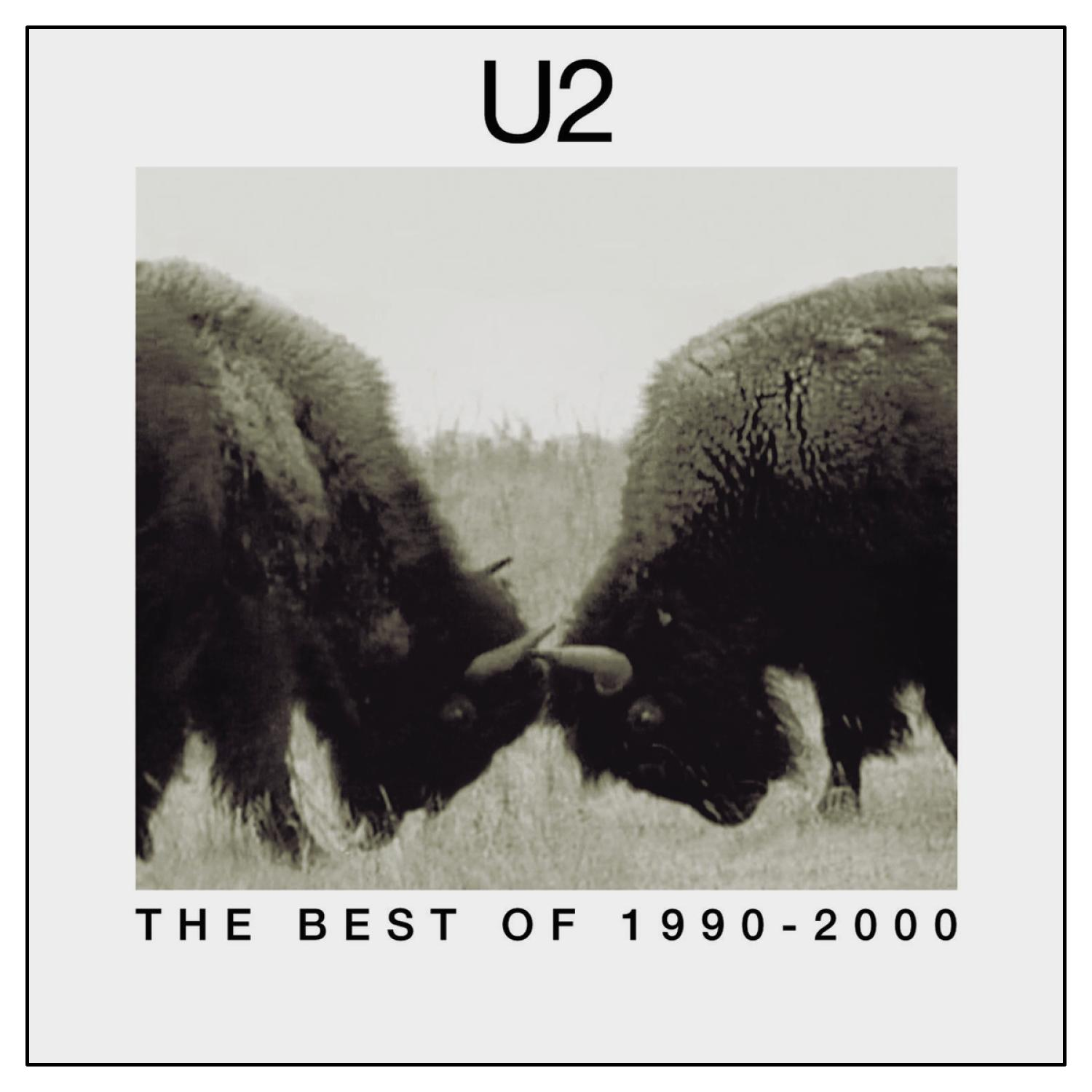 Albumcover: Zwei Büffelkopf, Titel 'The Best of 1990-2000'. Schwarzweiß, U2 Text.