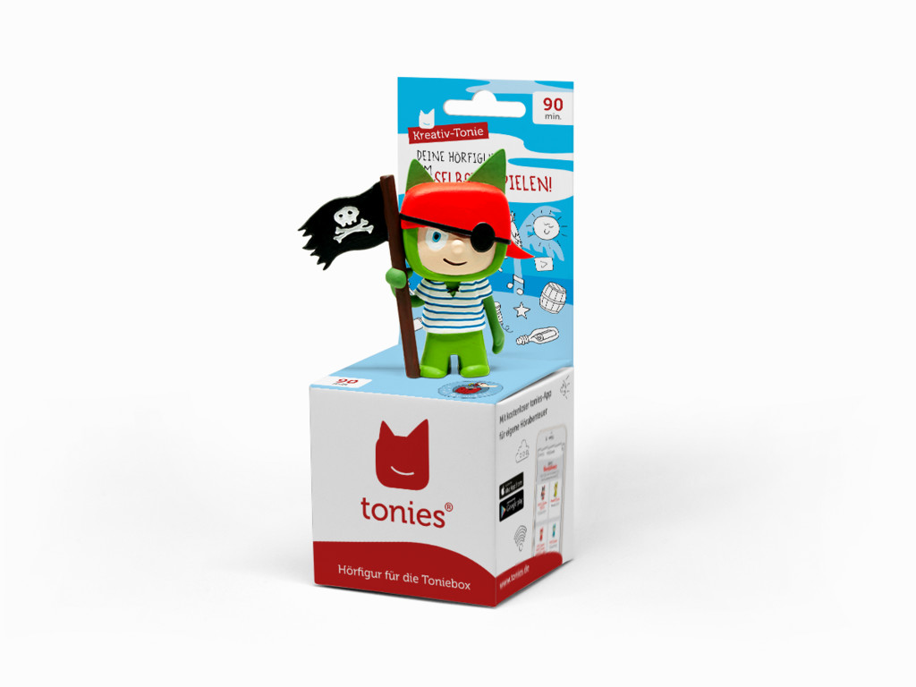 Eine Spielzeug-Piratenfigur mit Flagge und Box.