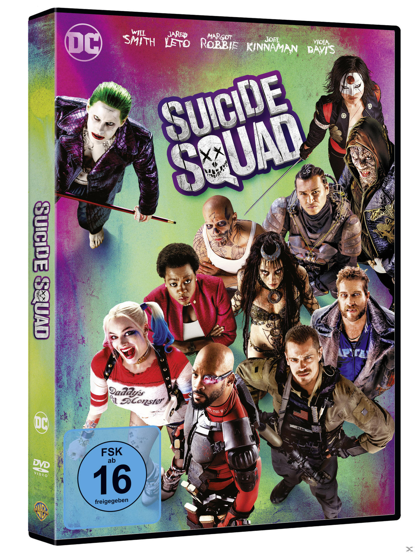 DVD-Cover für Suicide Squad. Zeigt mehrere Charaktere und den Titel.