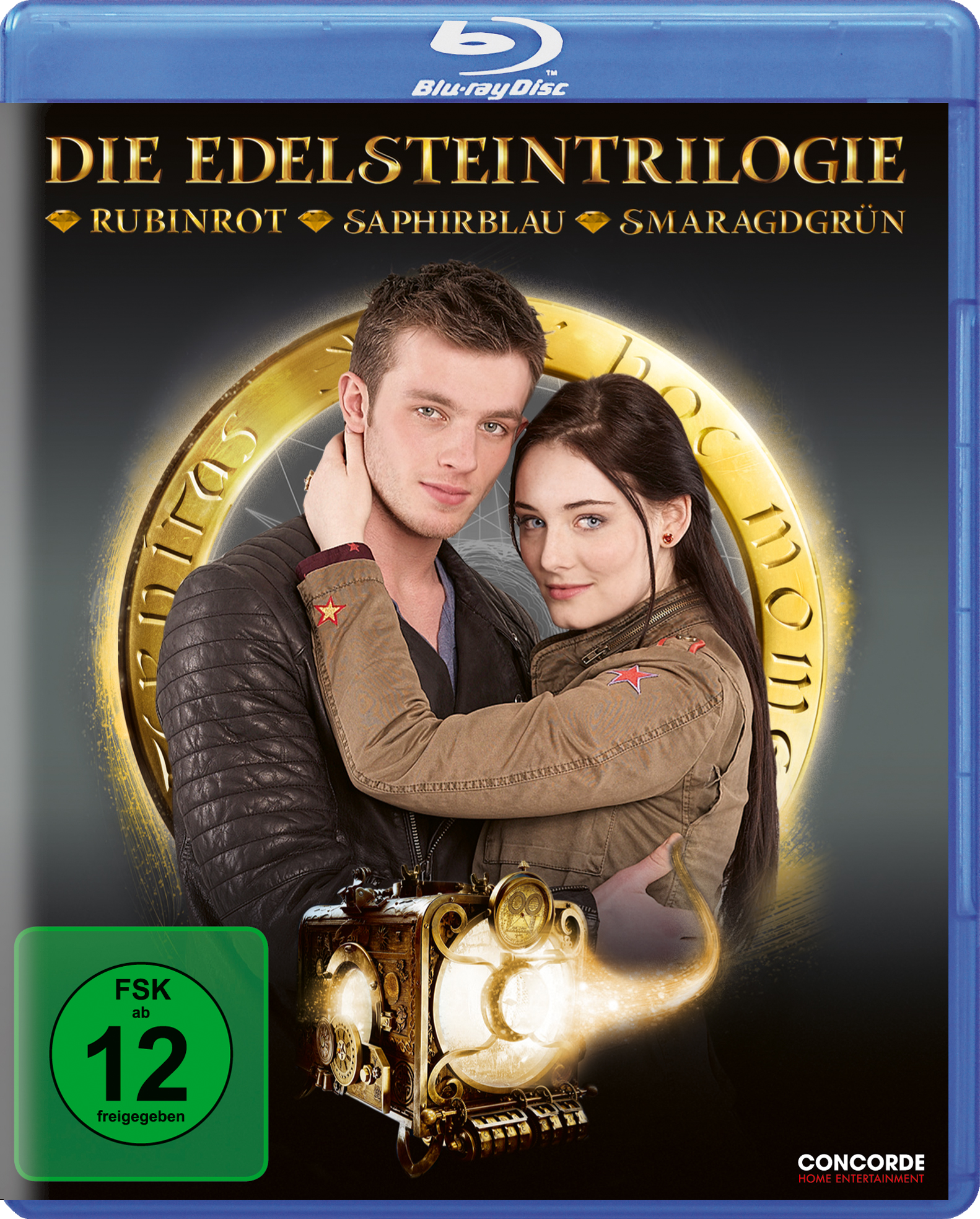 DVD-Cover mit einem Mann und einer Frau, die sich umarmen. Text auf Deutsch. Eine Zeitmaschinen-Requisite befindet sich im Vordergrund.