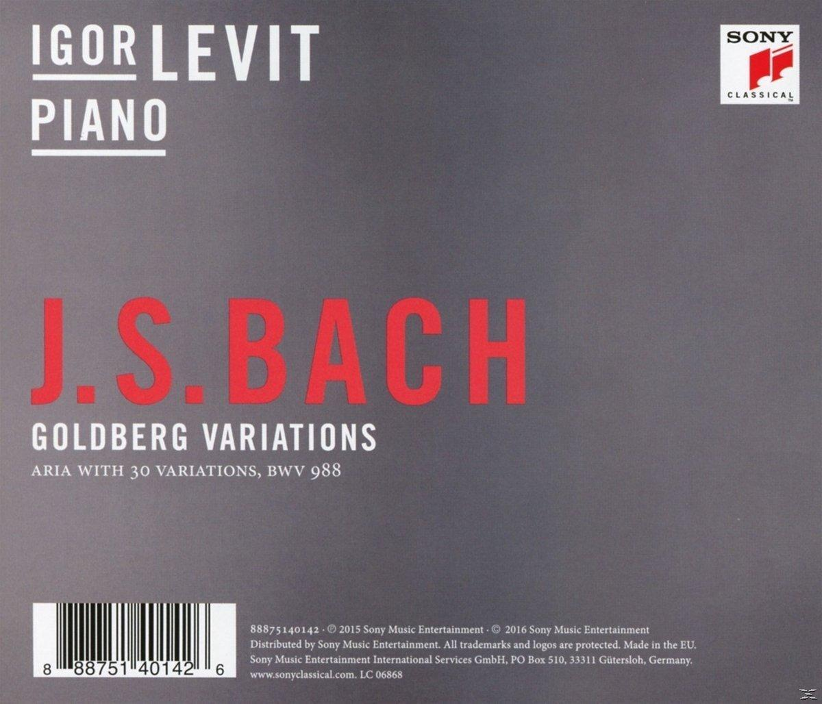 Albumcover mit Igor Levit, Piano. Titel: J.S. Bach Goldberg-Variationen. Roter Text auf grauem Hintergrund.