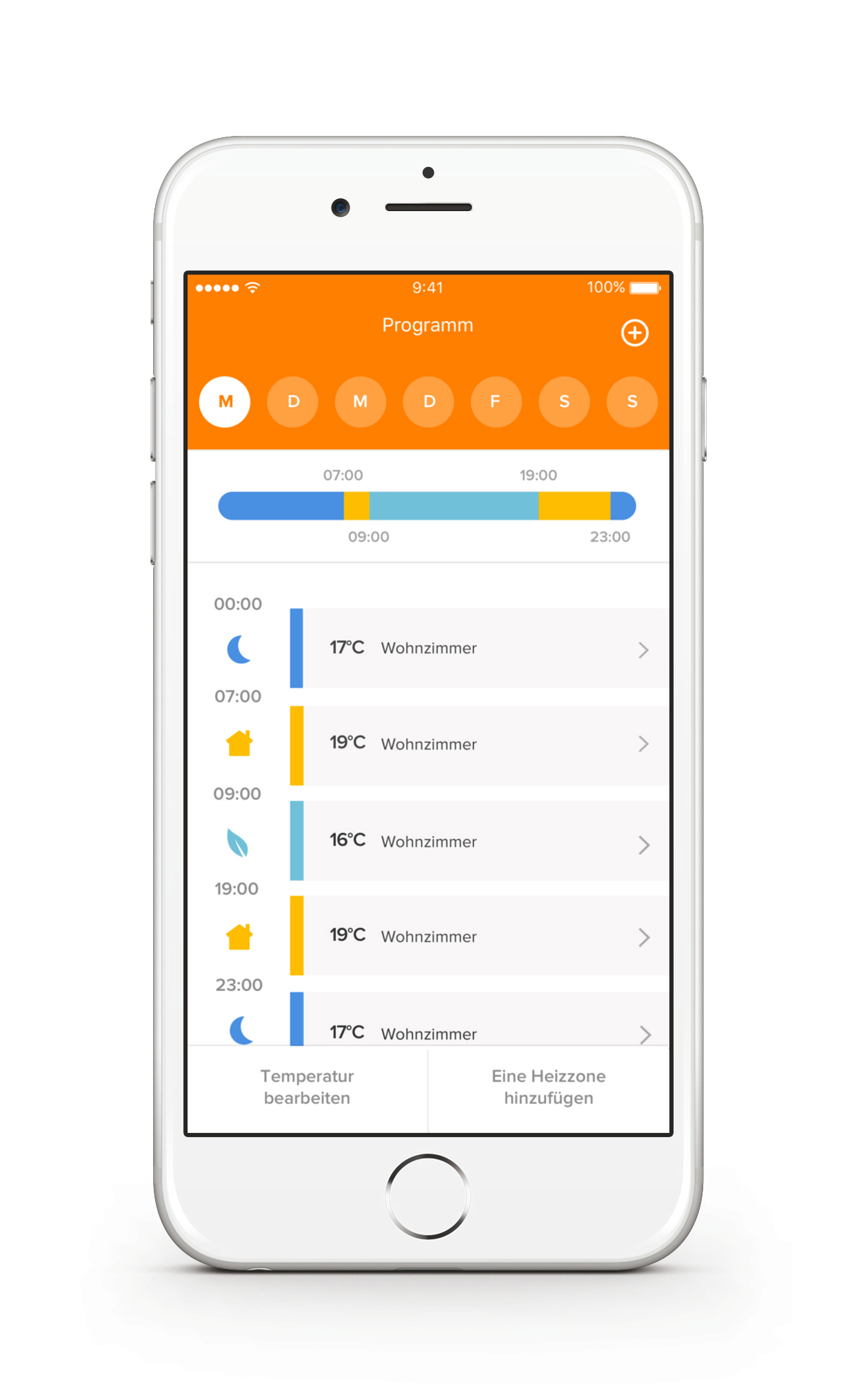 Smartphone blanc affichant une interface d'application domotique avec contrôles de température.