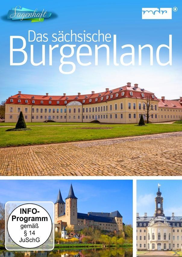 Schloss mit Text 'Das sächsische Burgenland' auf Poster, blauer Himmel und Bäume. Drei weitere Bilder unten.