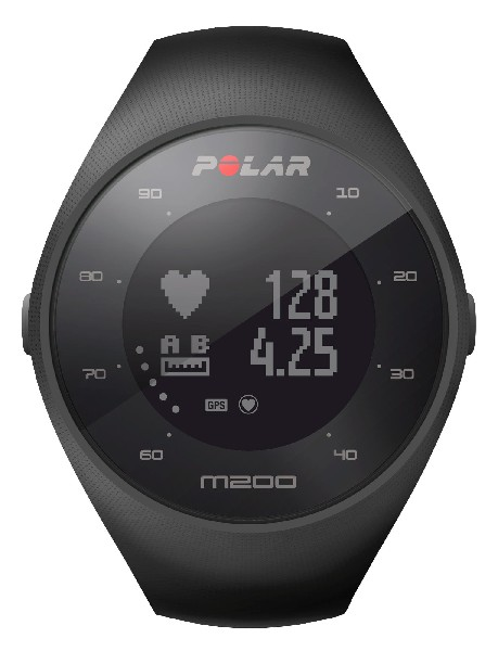 Reloj inteligente Polar M200 negro mostrando hora, frecuencia cardíaca y datos GPS.