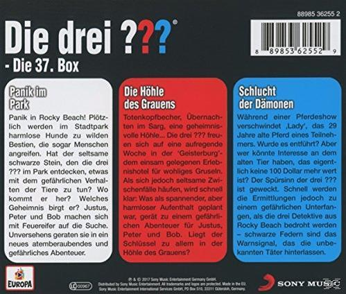 Rückseite einer CD-Hülle mit deutschem Text, drei farbigen Kästen mit Zusammenfassungen.