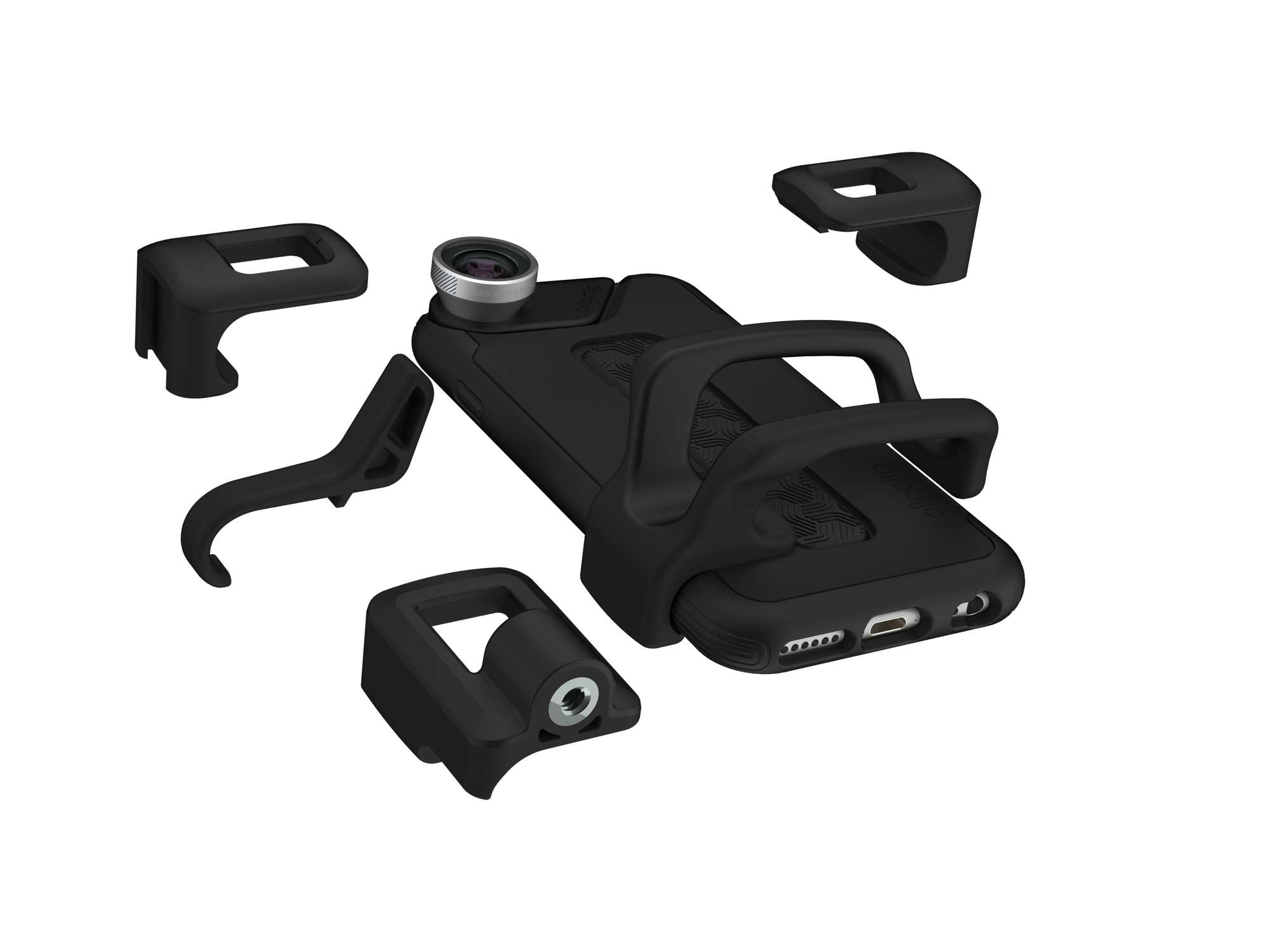 Black phone case with attached lens, several black clips are surrounding it, on a white background.