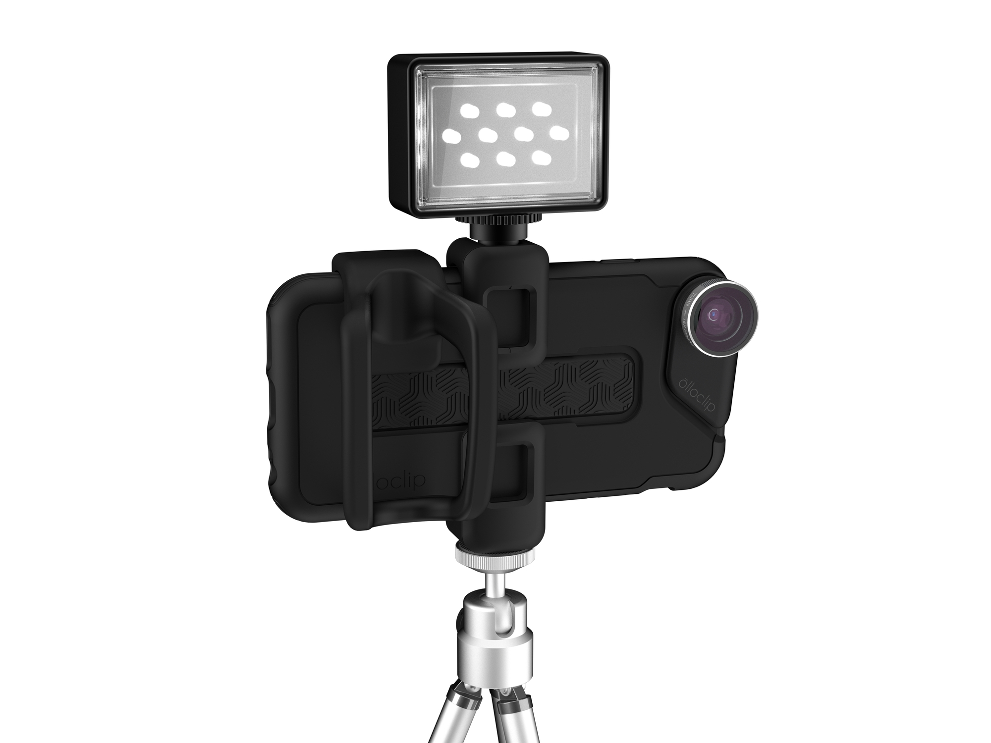 A black phone with an Olloclip lens and a light attachment, mounted on a silver tripod, against a white background.