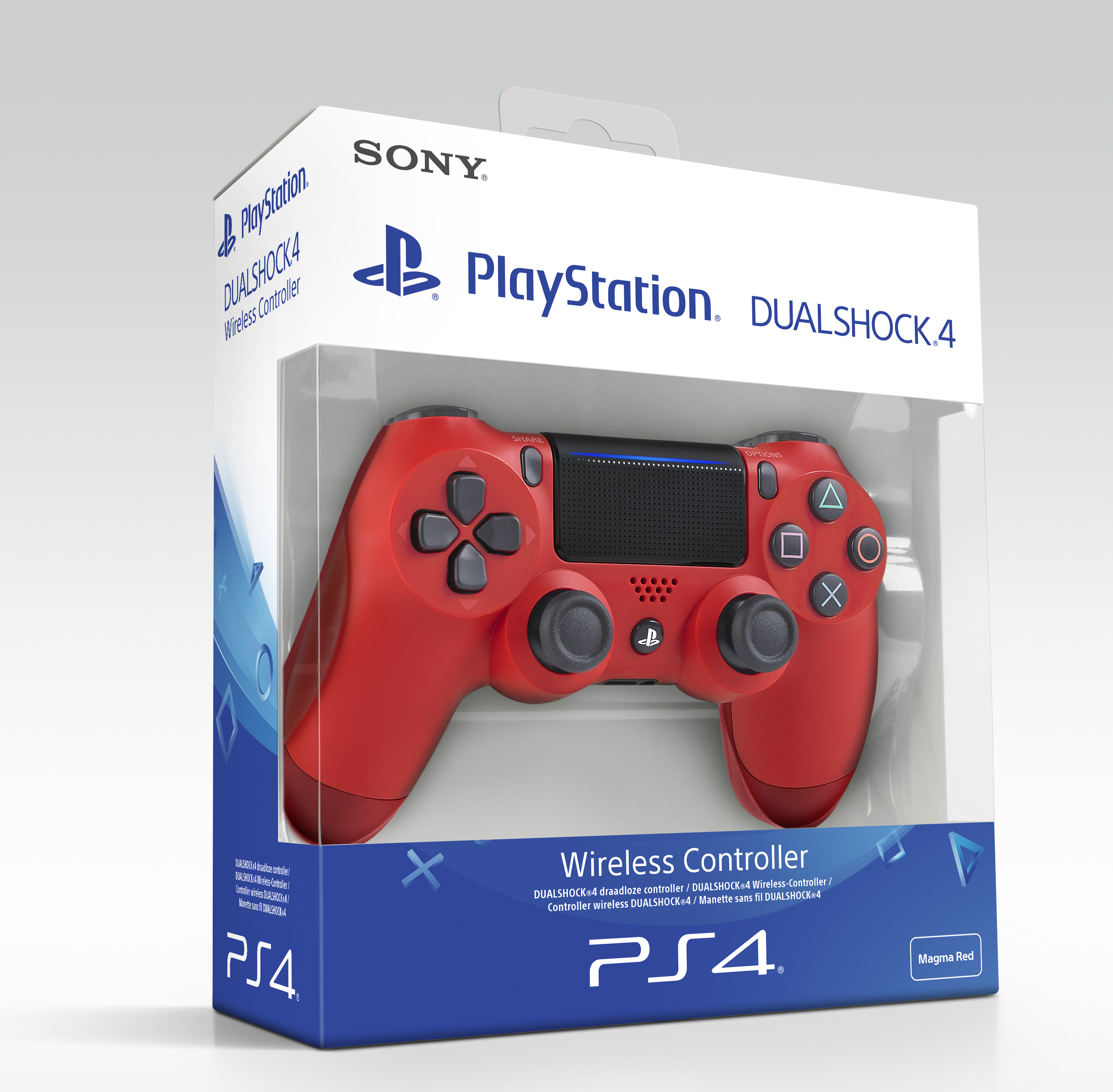 Rode PlayStation DualShock 4-controller in de verpakking. De doos toont de controller en productdetails.