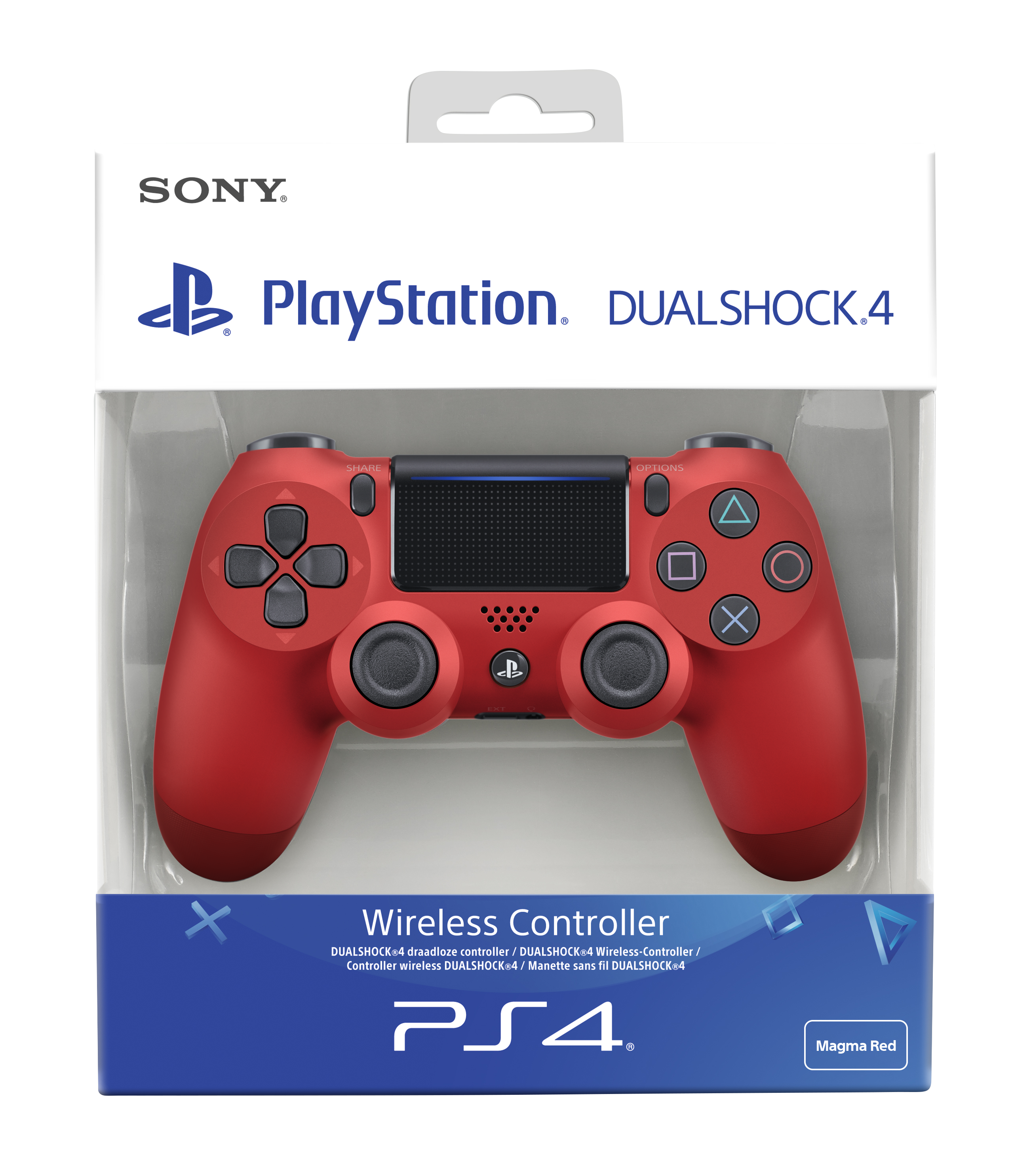 Rode PS4 DualShock 4 draadloze controller in de verpakking.
