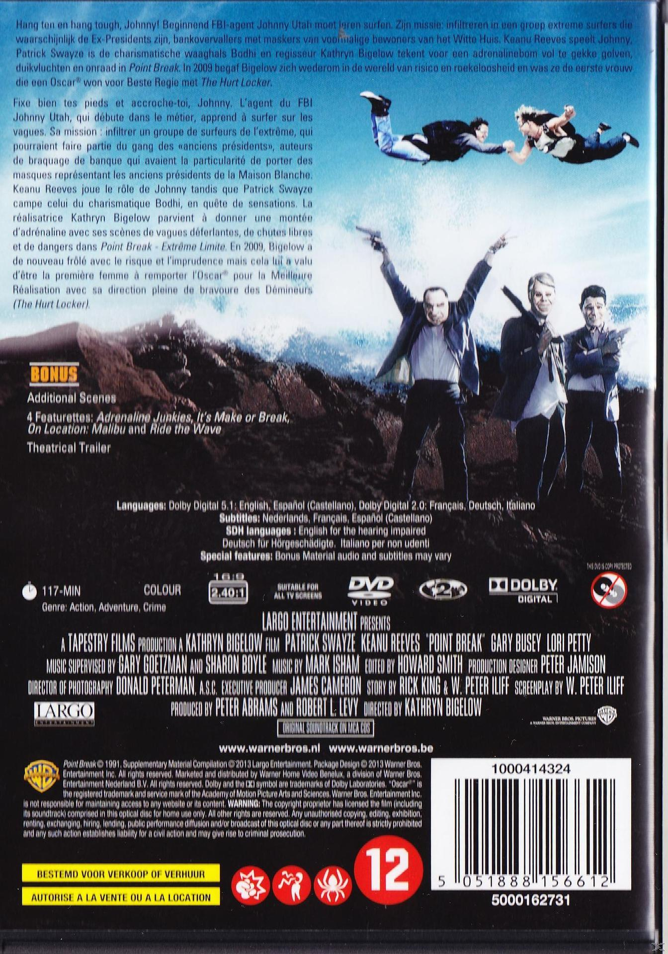Couverture DVD de Point Break, acteurs dans le film. Comprend du texte. Le fond est bleu et le premier plan est rouge.