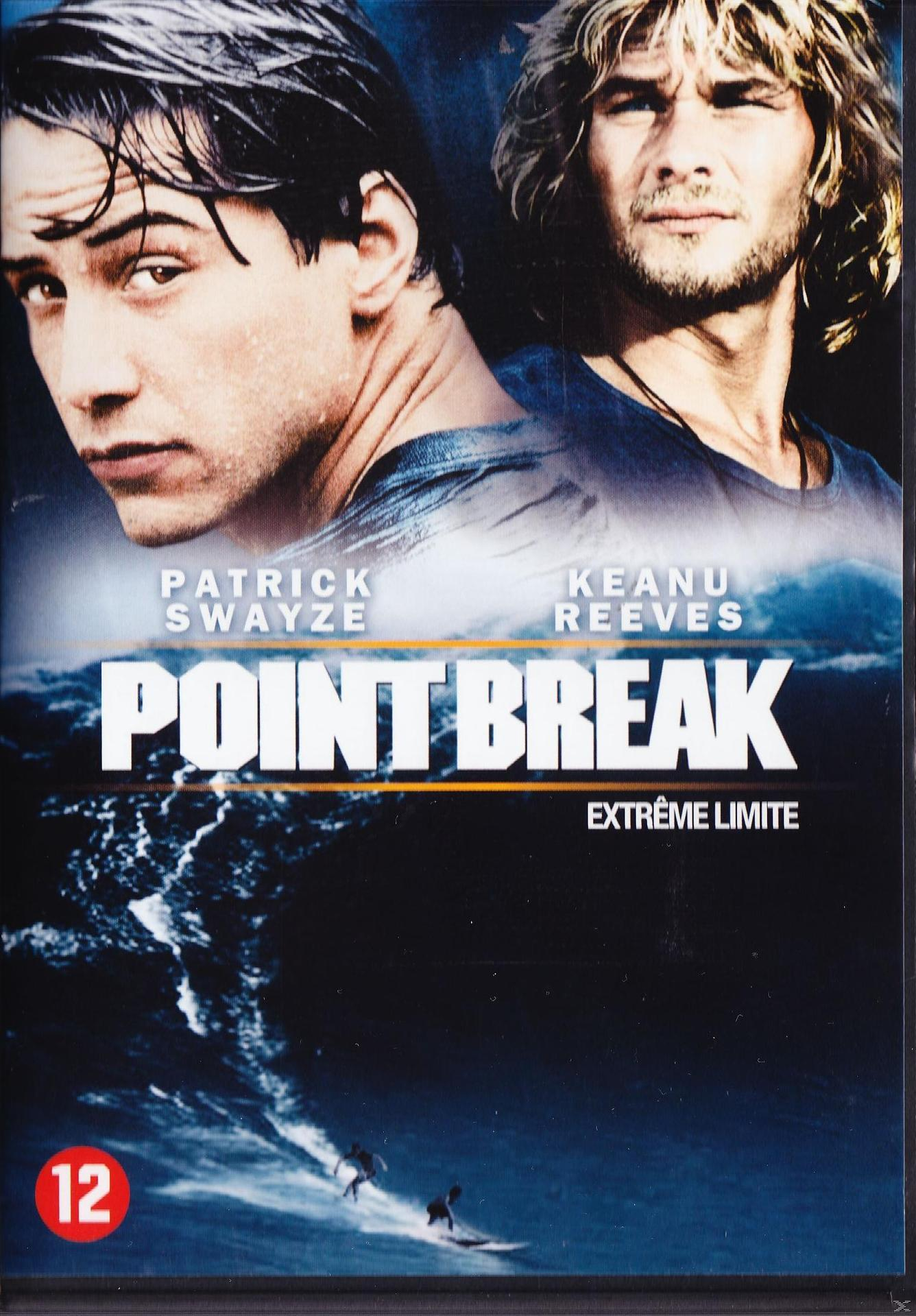 Couverture DVD de Point Break avec les acteurs Patrick Swayze et Keanu Reeves, avec une vague océanique en arrière-plan.