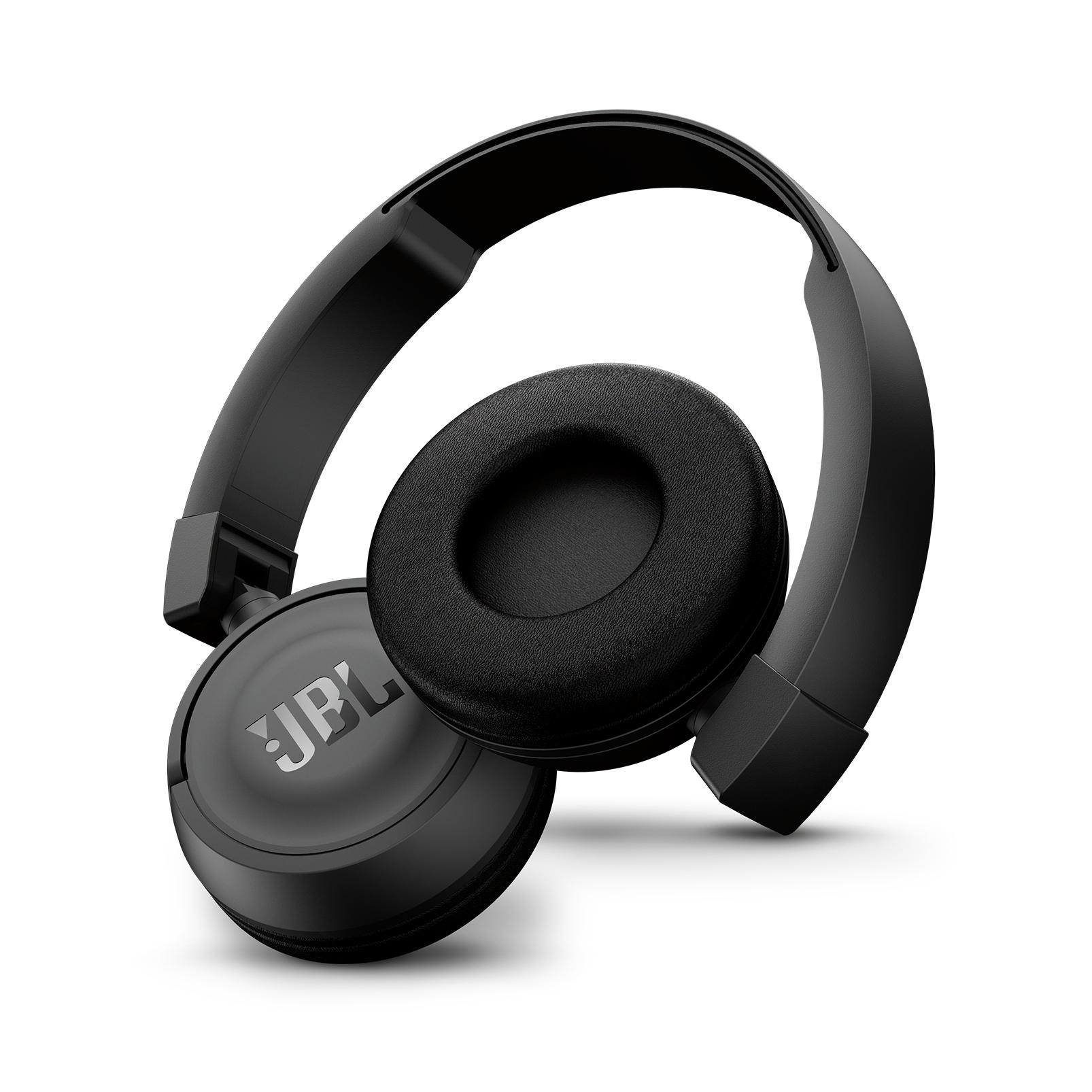 Beyaz zemin üzerinde siyah JBL kulaklık. Kulaklıklar katlanmış.