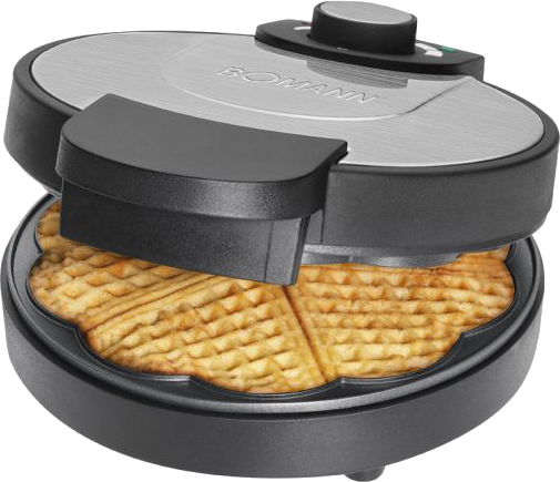 Ein offener Waffeleisen, das fertige Waffeln zeigt.
