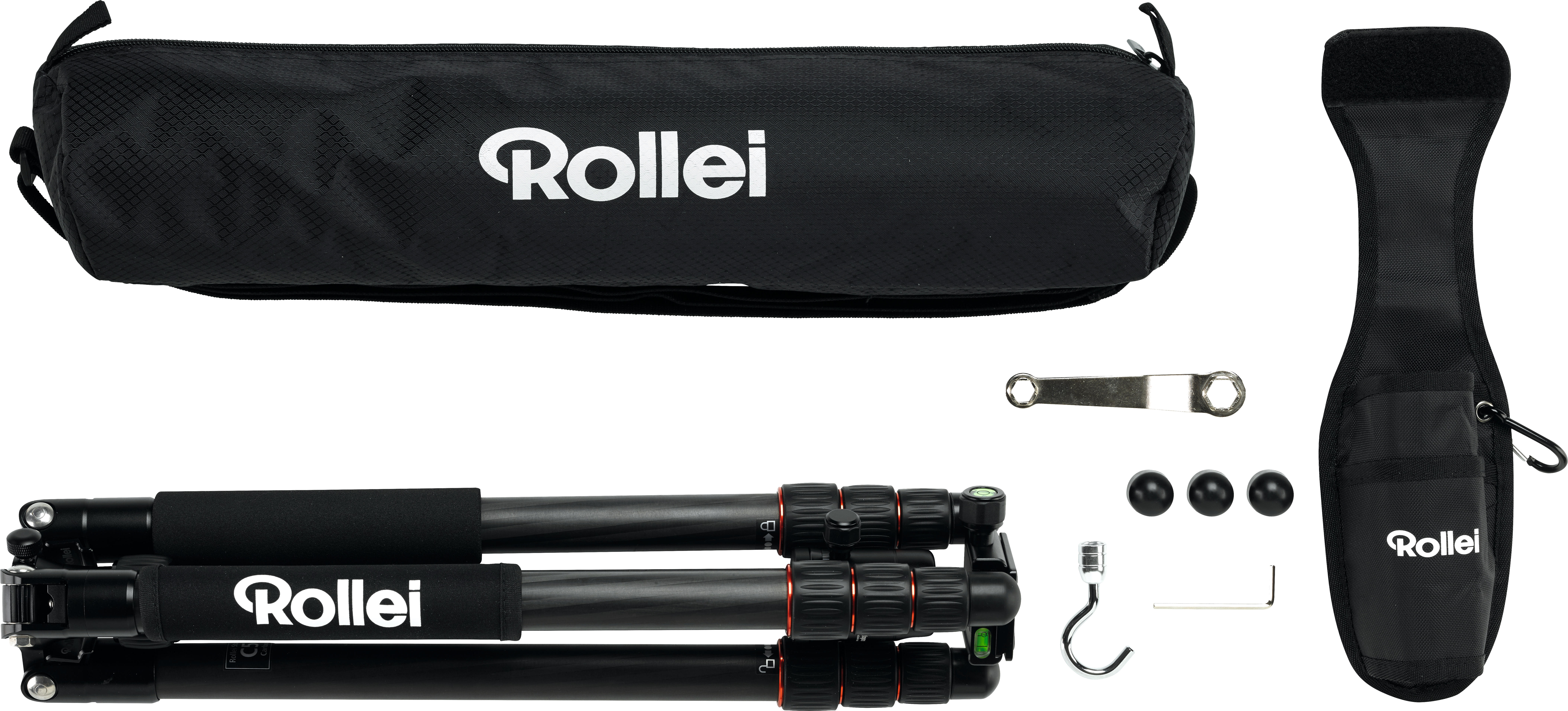 Rollei Stativ-Set, mit einem Stativ, einer Tragetasche, einem kleinen Werkzeug und einigen zusätzlichen Teilen, vor weißem Hintergrund.