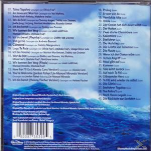 CD-Rückseite mit Tracklist, blaues Ozeanwellen-Thema und Liedtext. Text auf Deutsch.