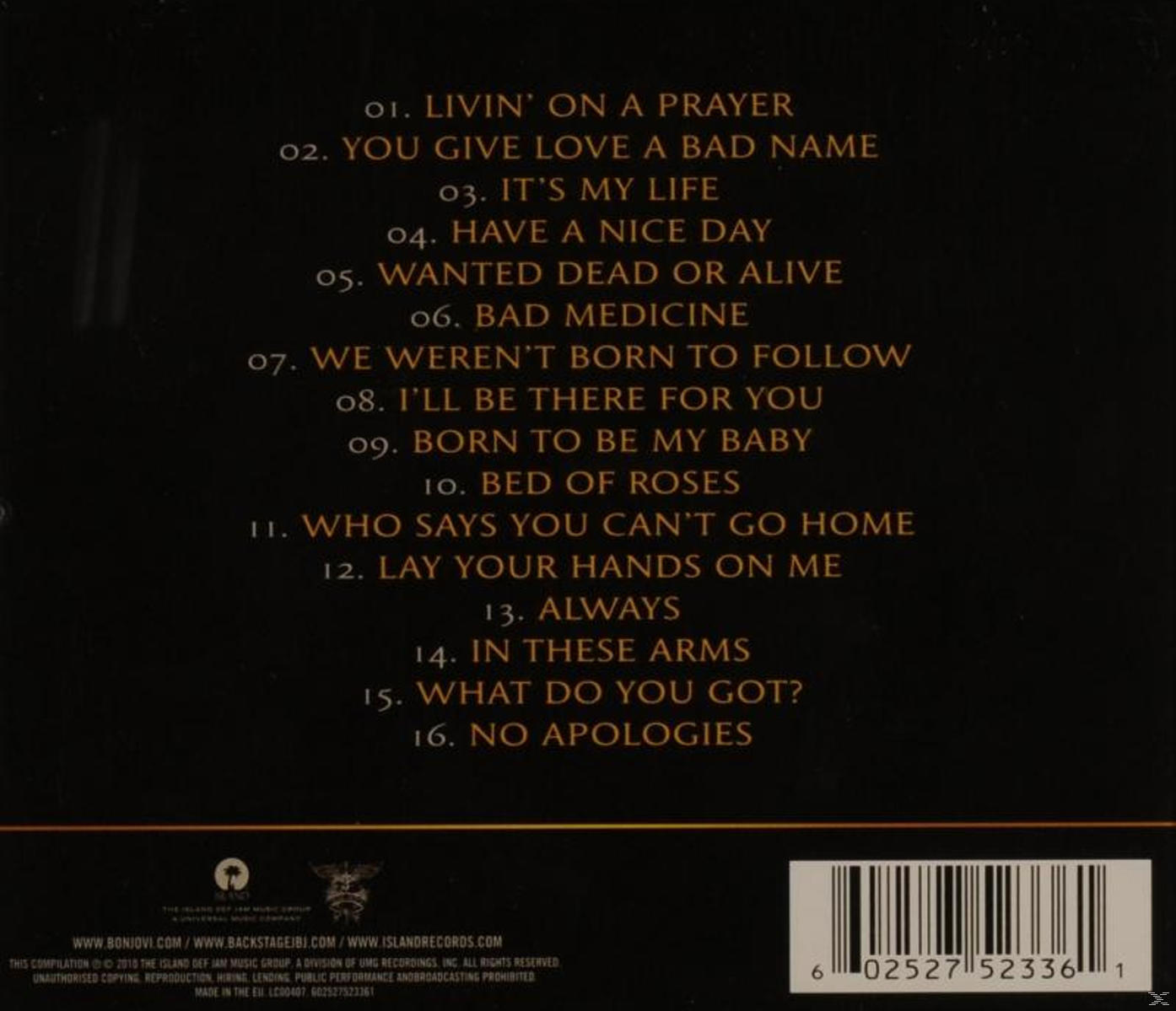 CD-Cover mit Songtiteln in goldener Schrift auf dunklem Hintergrund.