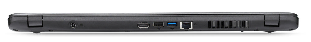 Siyah dizüstü bilgisayarın alt kenarı. Bağlantı noktaları: güç, HDMI, USB, Ethernet ve havalandırma delikleri. Beyaz arka plan üzerinde izole edildi.