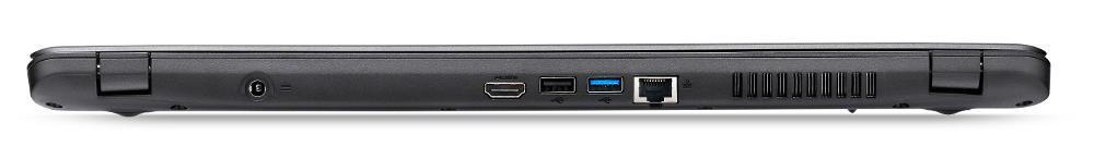 Siyah bir dizüstü bilgisayarın alt kenarı, çeşitli portları gösteriyor: güç, HDMI, USB, Ethernet ve havalandırma delikleri. Beyaz zemin üzerinde.