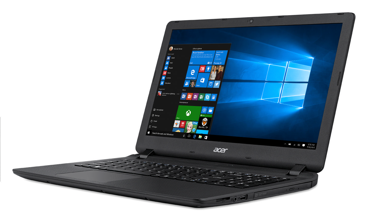 Siyah bir Acer dizüstü bilgisayar açık, Windows arayüzünü gösteriyor. Ekran, uygulama simgeleri ve mavi bir arka plan gösteriyor.