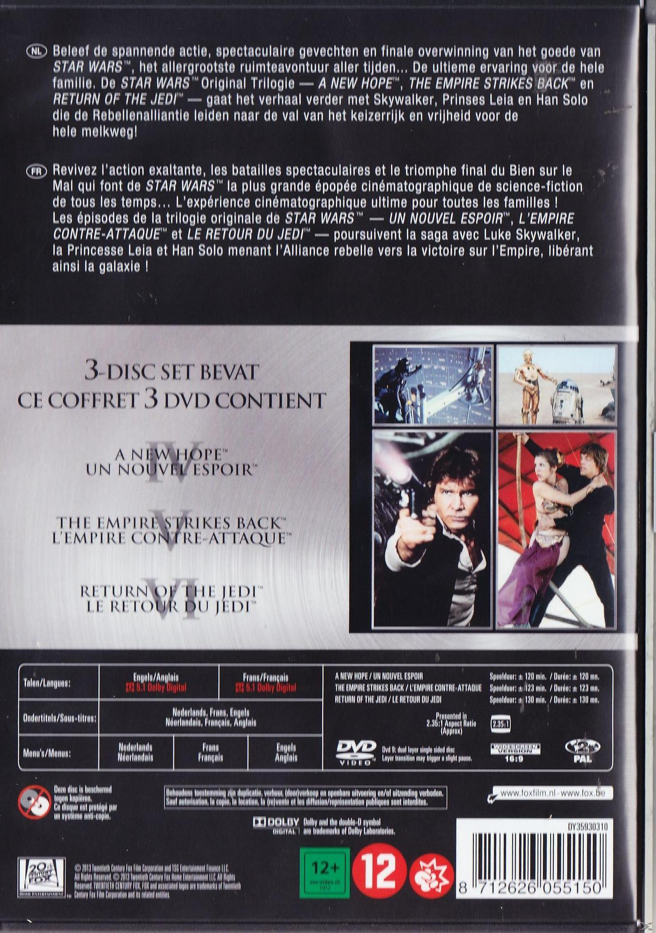 Couverture DVD. Titres de la trilogie Star Wars. Images de personnages, texte multilingue et classification 12+.